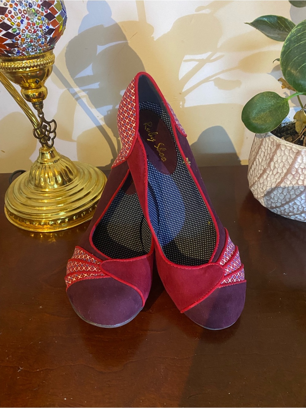 Red Suede Pointed Ballet Flats with Embroidered Detail. US size 8